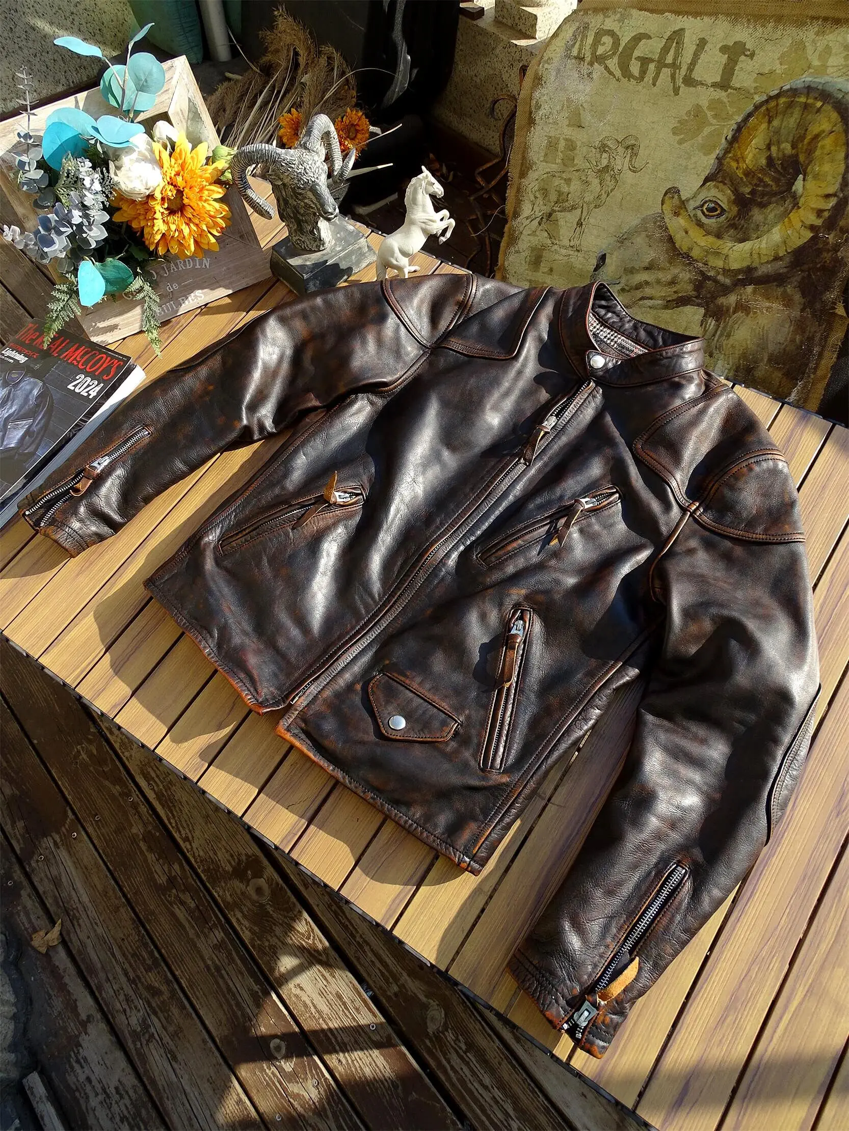 Vintage Men's Spring Autumn Fall Coat Genuine Leather Horsehide Goatskin Jacket for Male Motorcyclist Biker Brown Black 4XL 5XL