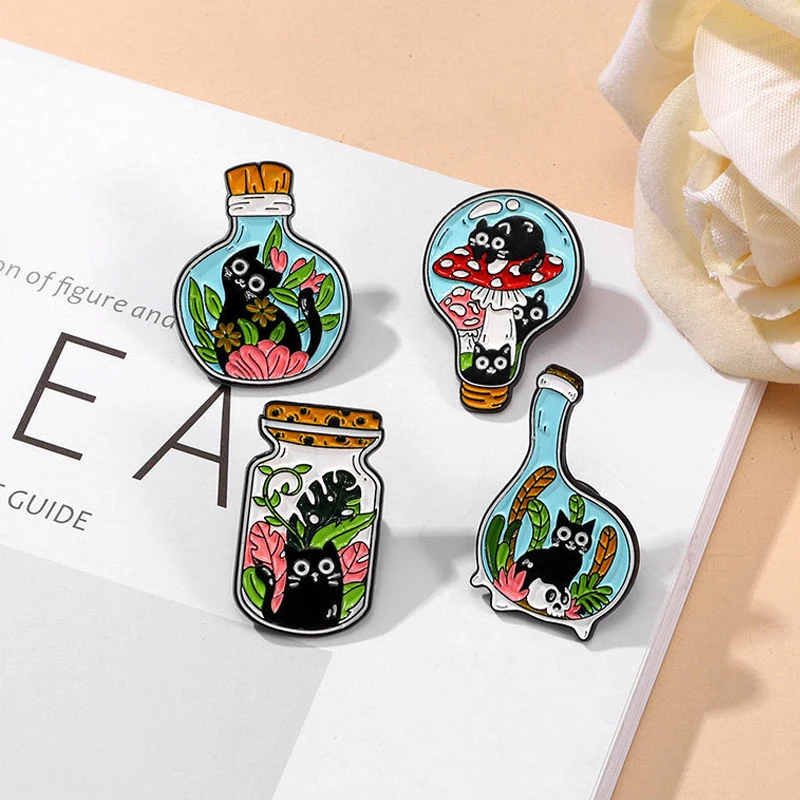 Cartoon Black Cat Bottle Enamel Brooch Water Grass Mushroom Bulb Glass Jar Cute Black Cat Metal Badge Punk Lapel Pins Jewelry