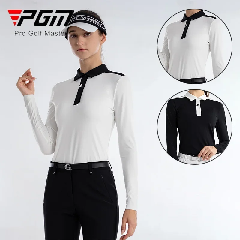 PGM Women Patchwork Slim Golf T-shirt Lady Long Sleeve Sport Tops Women Elastic Turn Down Collar Shirt Autumn Spring Golf Wear