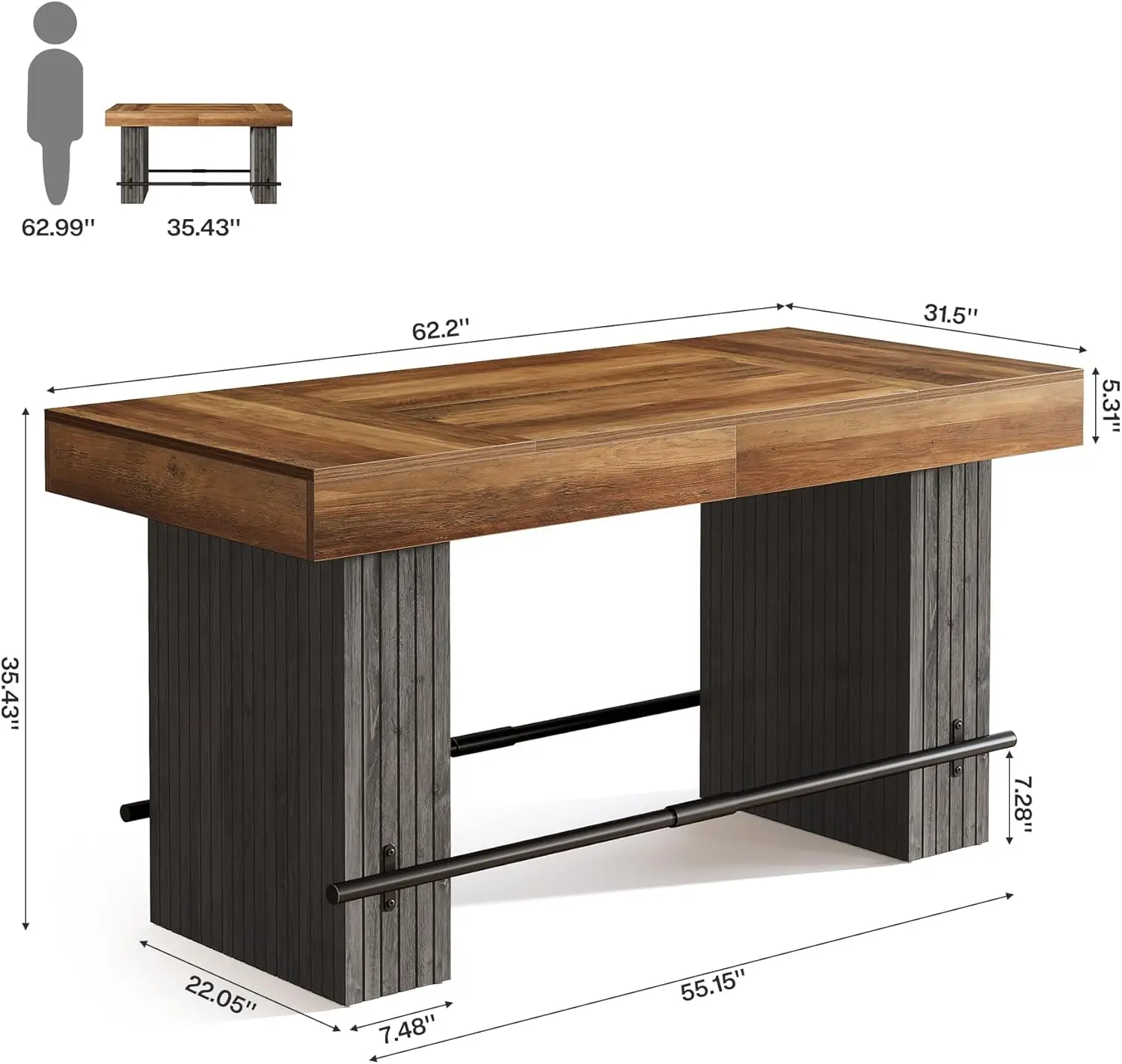 62.2 Inch Bar Table, Industrial Counter Height Pub Dining Table, Rectangular Home Bar Units with Metal Footrest for Home Kitchen