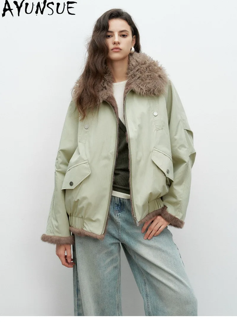 AYUNSUE Womens Natural Rabbit Fur Lined Coat Tuscan Sheep Wool Collar Short Length Clothes Ladies Winter Jacket Abrigo Mujer