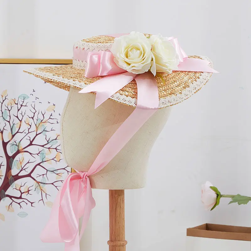 

Sweet Lolita Straw Hats Medieval Vintage Floral Silk Ribbon Tea Party Women Caps Cosplay Accessories Prairie Chic Lace Flat Hat