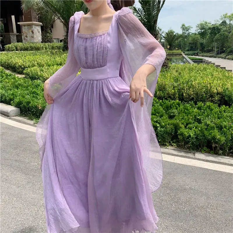 Spring and Summer New Retro Court Style Square Collar Purple Fairy Elegant Bell Sleeve Large Skirt for Holiday