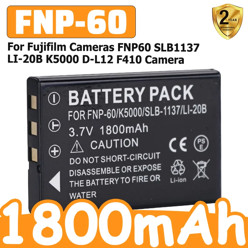 3.7V 1800mAh FNP-60 Battery for Fujifilm Cameras FNP60 SLB1137 LI-20B K5000 D-L12 F410 Camera Batteries