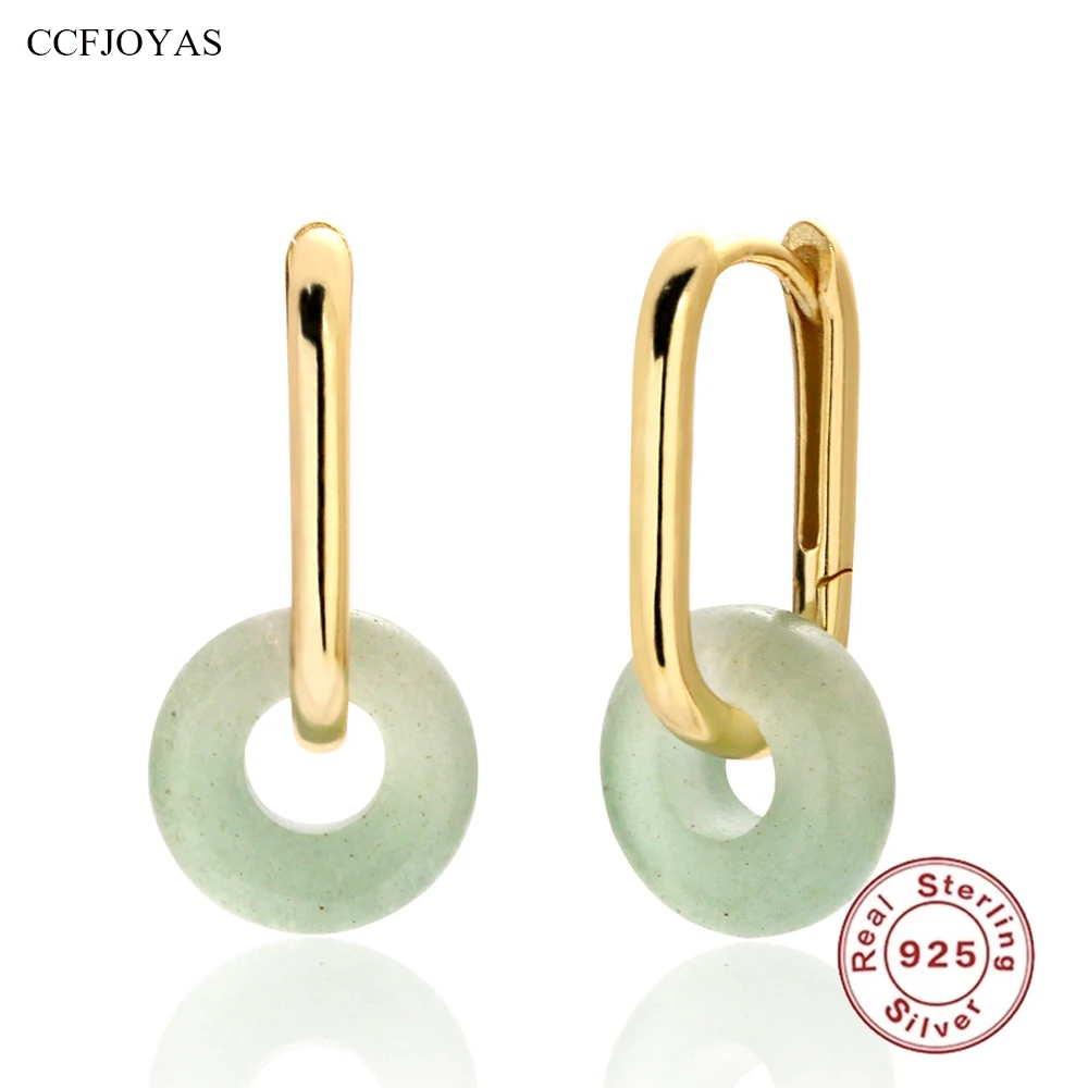 

CCFJOYAS 100% 925 Sterling Silver Natural stone Green Aventurine Hoop Earrings for Women new Chinese style Earrings Fine Jewelry