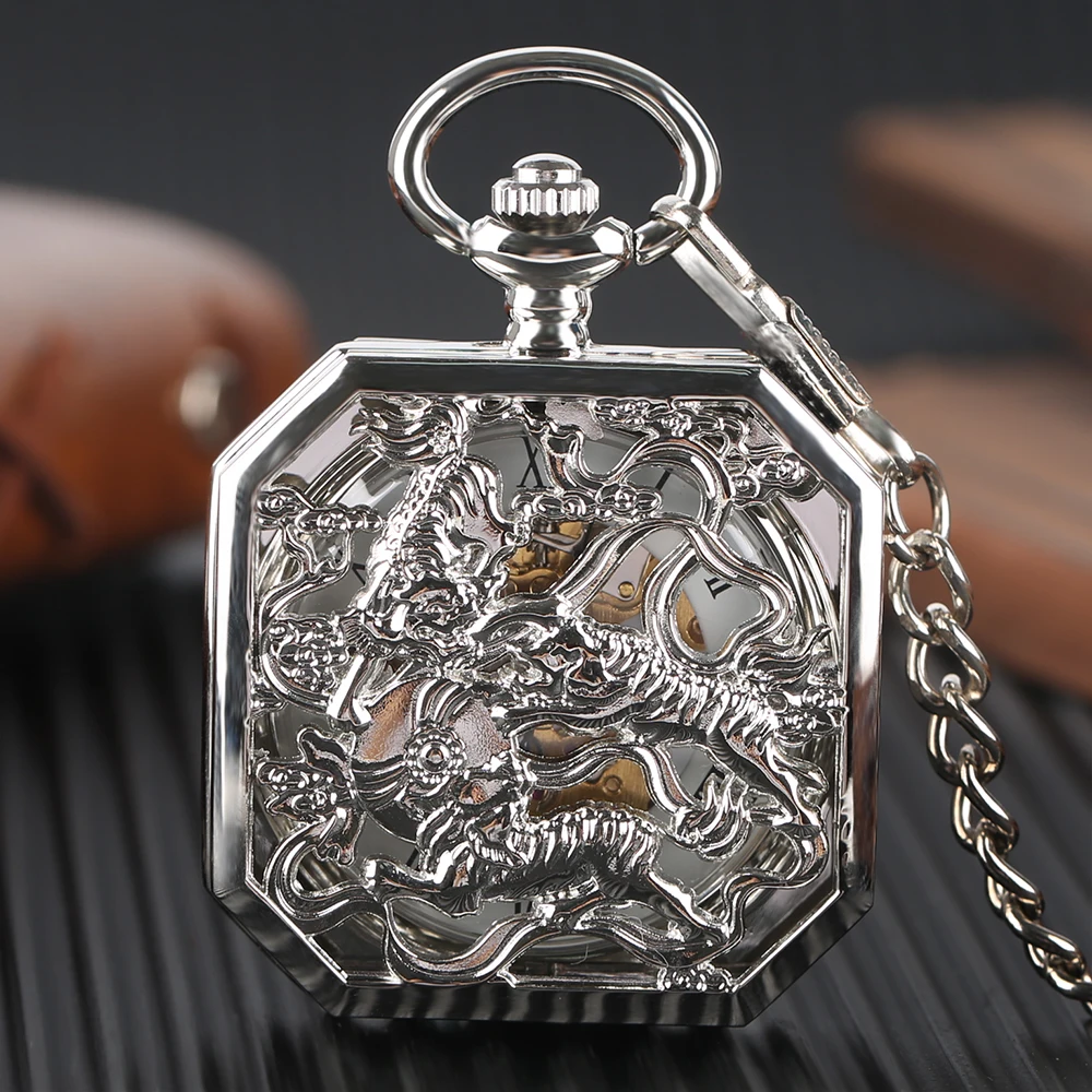 Vintage Steampunk Double Tiger Half Hunter คู่มือนาฬิกาพ็อกเก็ตนาฬิกา Silver/Bronze Fob จี้นาฬิกาพ็อกเก็ตของขวัญผู้ชาย