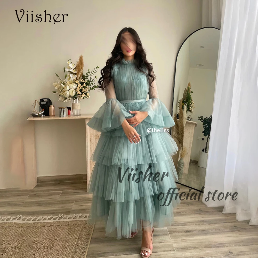 

Cyan Tulle Prom Dresses Long Sleeve High Neck A Line Evening Party Dress Ankle Length Arabian Dubai Formal Occasion Gown