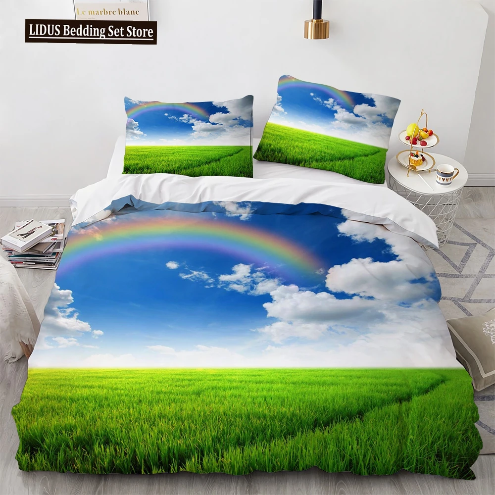 

Rainbow Duvet Cover Set 3D Print Grass Sky Pattern Beautiful Landscape Comforter Cover King Size For Kids Girl Women Bedding Set