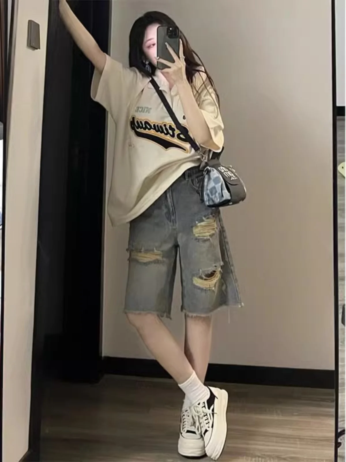 

Retro American Straight Leg Jeans Women's plus Size Loose Slimming High Street Five-Quarter orts Summer Blue Zipper Closure