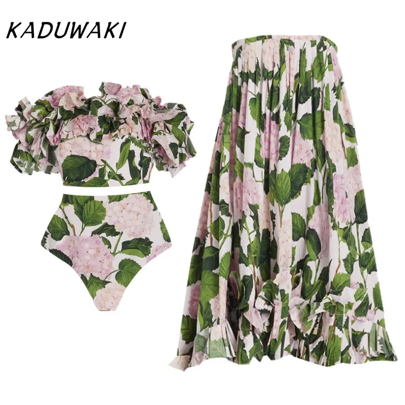 

KADUWAKI Summer 2Pcs Ruffle One Piece Swimsuit Cover Up Sexy Swimwear Women Floral Print Monokini Kimono Bikini Suit Beachwear