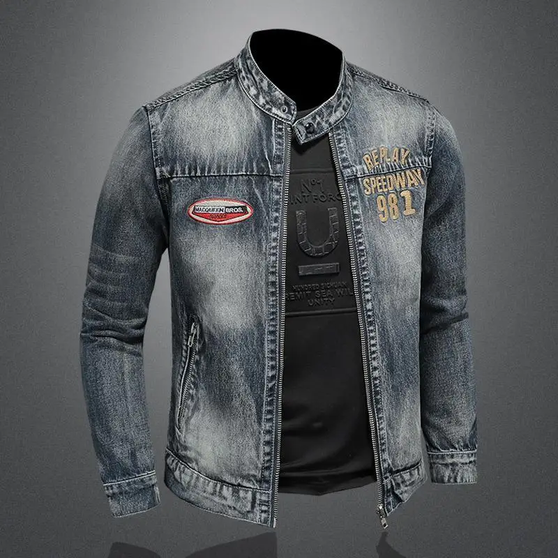 Denim jacket men's autumn new stand-up collar European and American locomotive embroidery handsome denim