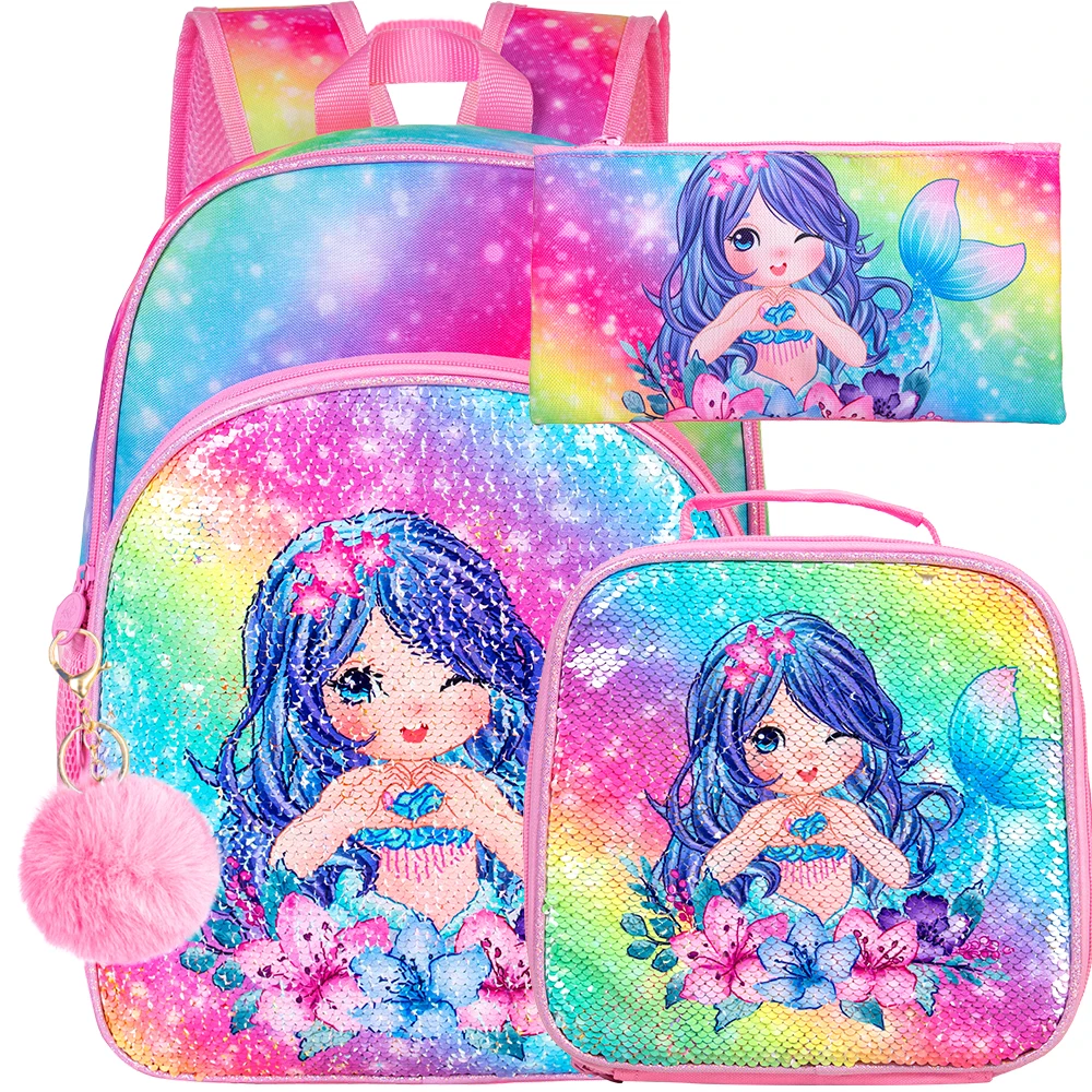 

3PCS Mermaid Backpack for Girls, 16” Preschool Elementary Bookbag, Kids Sequin Cute Backpacks and Lunch Box