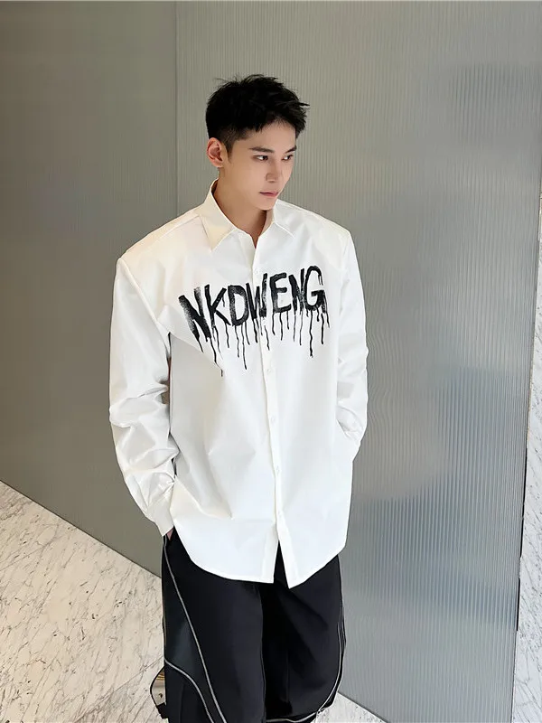 

Summer Doodle Print High Street oulder Pad Long Sve Men's irt Loose American Sle Trendy Hair St Casual irt