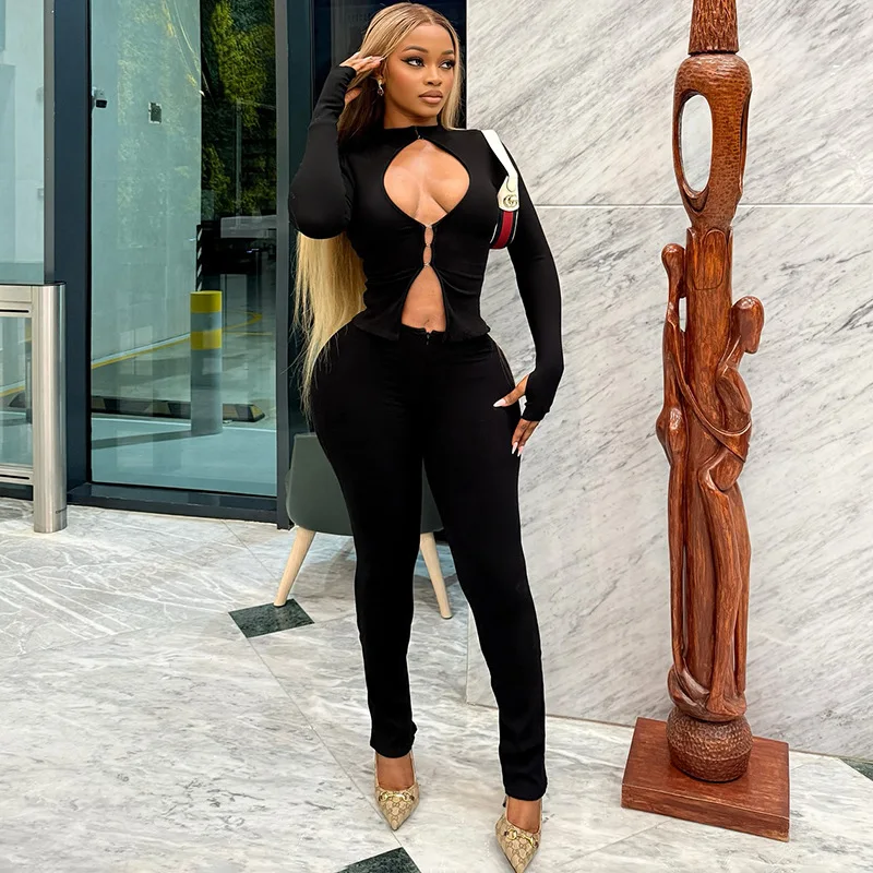 

DSMTRC Sexy Marching Simple Stretch Skinny Clubwear Tracksuits 2-Piece Set Women Chest Hollow Long Sleeve Cardigan Top+Zip Pants