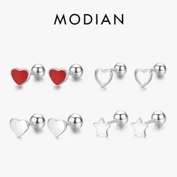 Modian 4 Style Minimalist Real 925 Sterling Silver Enamel Hearts Stars Screw Small Stud Earrings For Women Girls Fine Jewelry