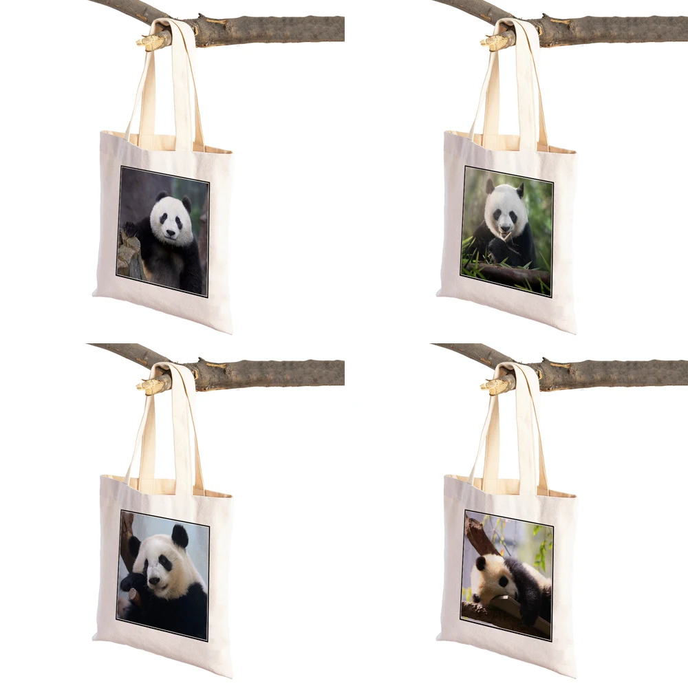 ​China Panda Lady Travel Shopping Bags Wild Animal Canvas Tote Handbag for Women Girl Foldable Reusable Supermarket Shopper Bag