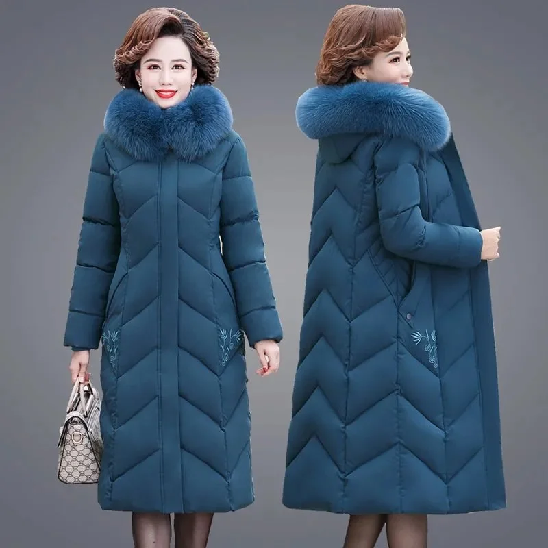 

Winter Jacket Women X-long Thicken Down Coat Fur Collar Hood Straight Elegant Outerwear 2024 Korean Fashion Female Parkas