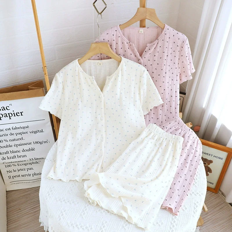 

Summer New Lace Trim Pajamas Set Woman Nightwear Two Piece Pure Cotton Sleepwear Short Sleeve Night Wear Female Home Suit Pijama