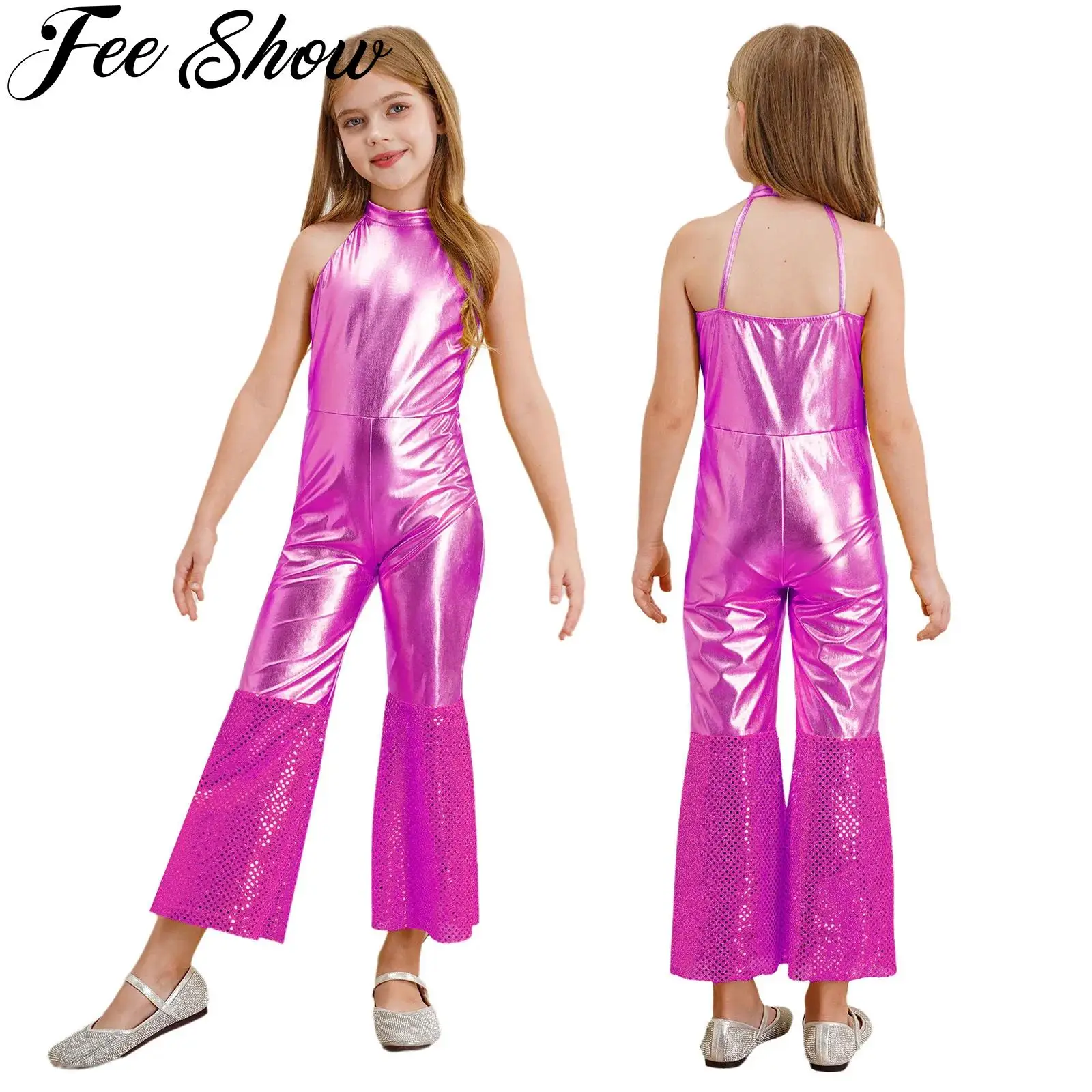 Kids Girls 70s Disco Jumpsuit Shiny Metallic Sequins Sleeveless Bodysuit Jazz Dance Carnival Retro Themed Party Cosplay Costume