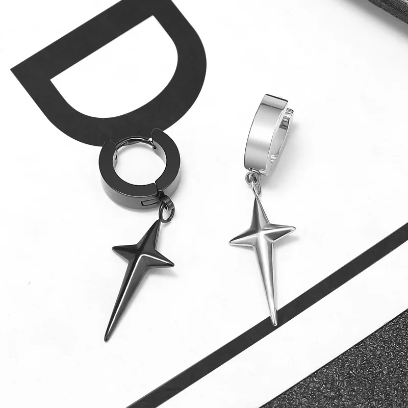 1pair Unisex Punk Fashion Stainless Steel Cross Star Pendant Dangle Ear Clip & Stud Hoop Earrings for Men Women Daily Jewelry
