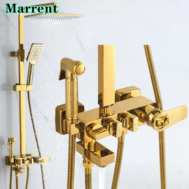 

Golden Thermostatic Bathroom Shower System Hot Cold Bathroom Mixer Faucet Rainfall Shower Head Solid Brass Gold Bath Shower Set