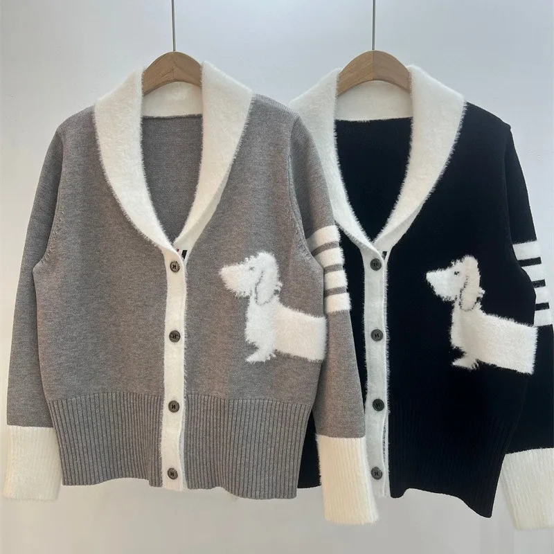 Autumn and winter new women's big collar cardigan, puppy mink fur jacquard fashion loose long sleeved knitted sweater jacket