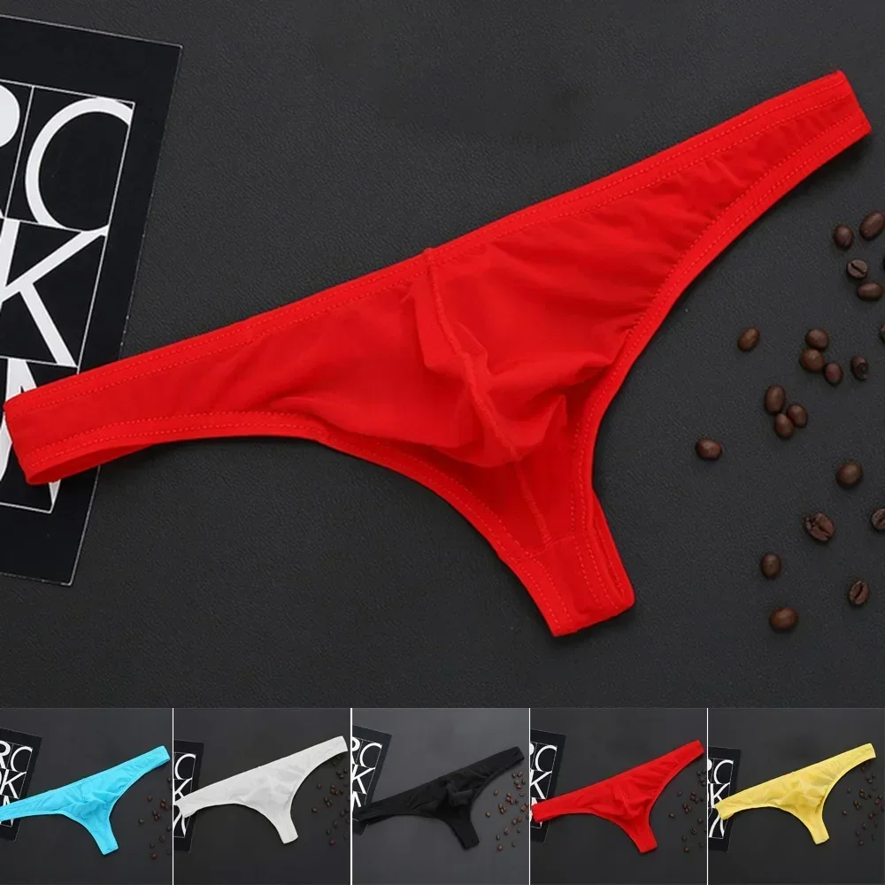 Homens ver através jockstrap bulge bolsa baixa ascensão g-string tanga briefs roupa interior fina seda gelo cor sólida respirável tanga masculina