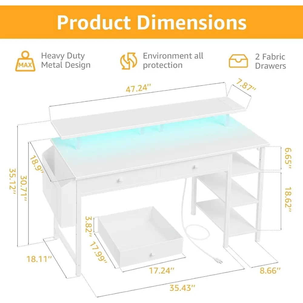 Meja Komputer Putih dengan Rak dan Laci - Meja Kantor Rumah 47 Inci dengan Laci dan Rak, Meja Putih Kecil dengan Rak,