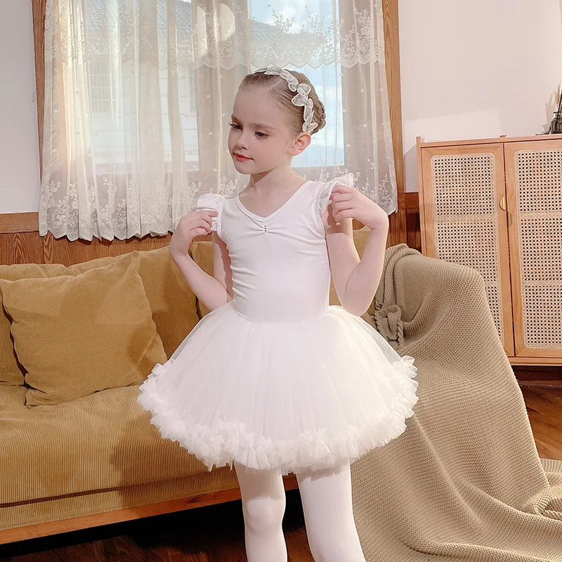 

Summer Sleeveless Girls Dance Costume White Tulle Half Skirt Children Practice Wear Chinese Dance Ballet Skirt