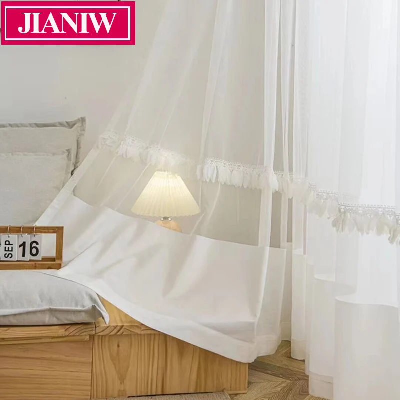 JIANIW Modern Luxurious Transparent Window Sheer Curtains For Bedroom Living Room Voile Tulle With Lace Home Decor Custom Size