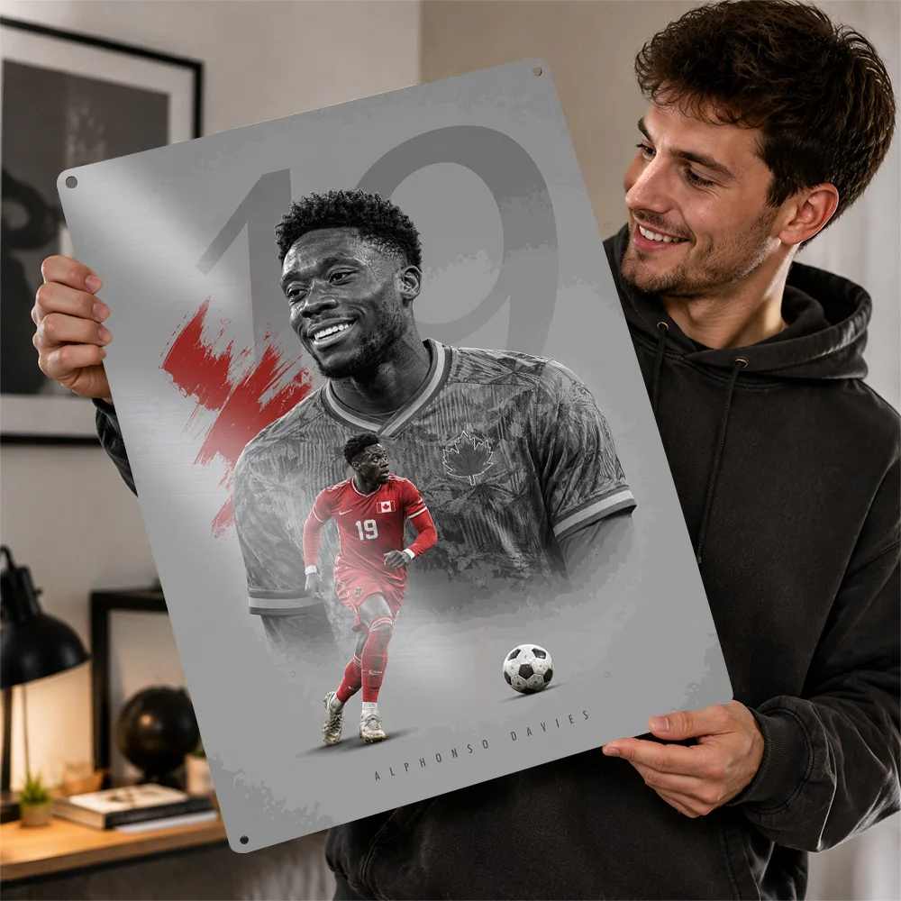 Alphonso Davies Football Aluminum Poster Customized Metal Tin Sign Club Hero Design Wall Art Ideal For Game Room Or Fan Lounge