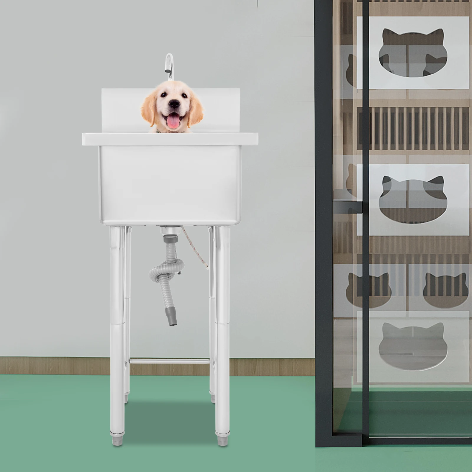 

Single Bowl Utility Sink, Commercial Stainless Steel Silver Kitchen Sink, Freestanding Single Bowl Utility Sink with Faucet