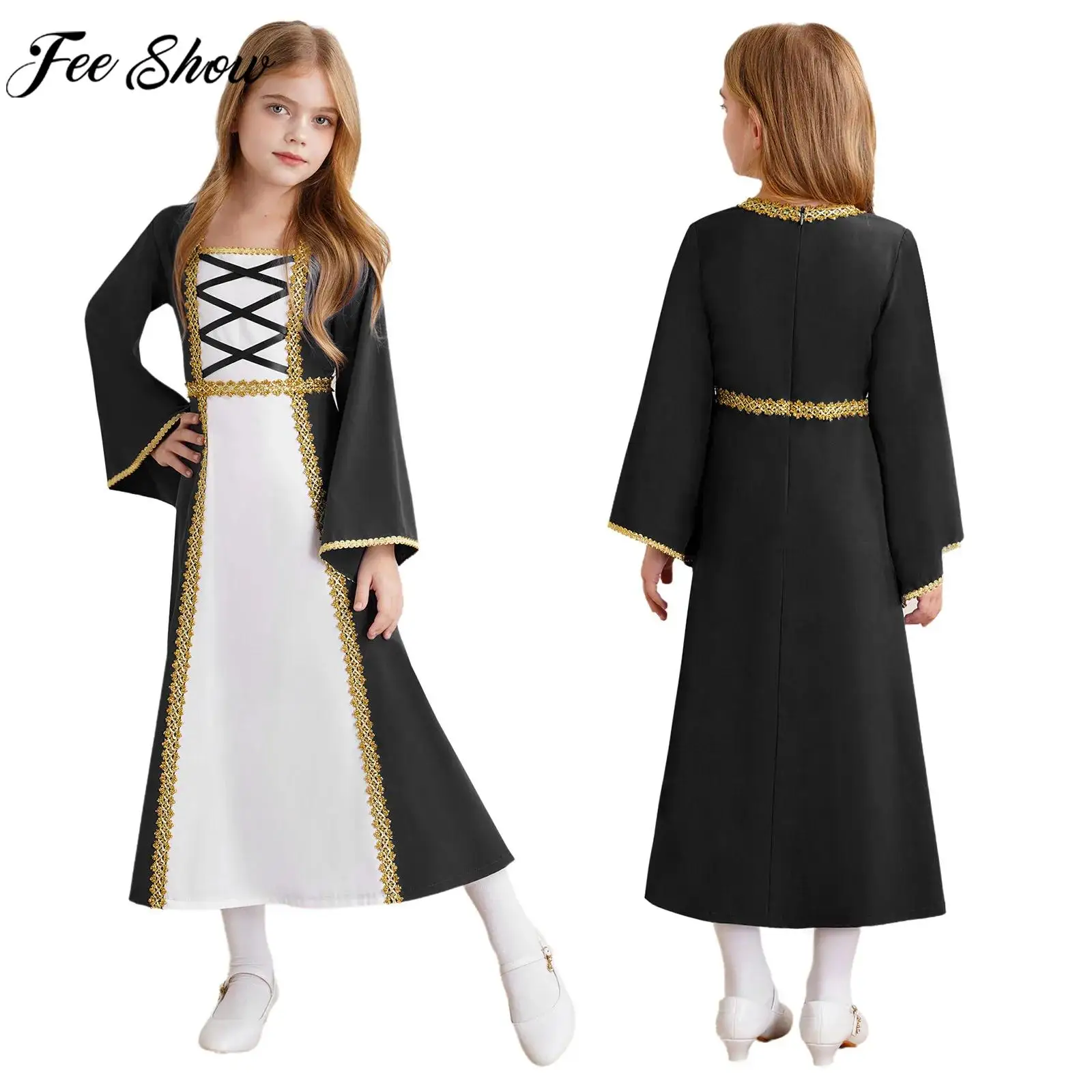 

Kids Girls Halloween Medieval Renaissance Princess Costume Long Sleeve Retro Dress Gown Carnival Theme Party Role Play Clothes