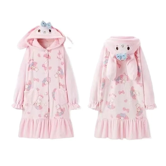 Women Robes Cute My Melody Cartoon Hooded Robes Warm Pajamas Coral Flannel Nightdress Girls Sweet Casual Nightgown Homewear