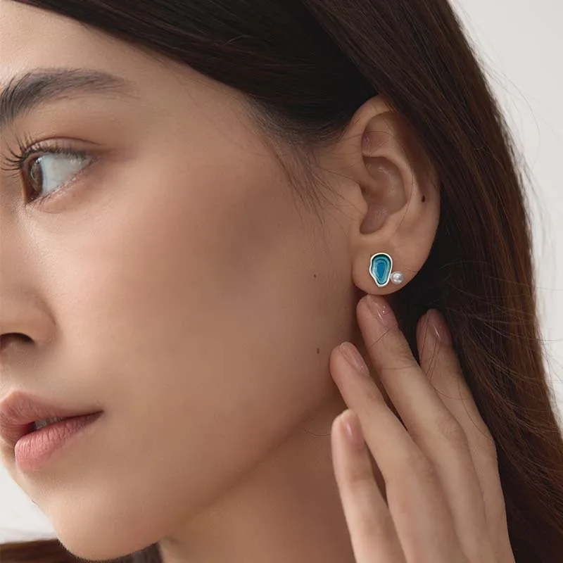 Pearl Blue Green Resin Lake Shape Stud Earrings Women Dainty Unique Party Gift Fashion Jewelry Statement Earrings Silver Post