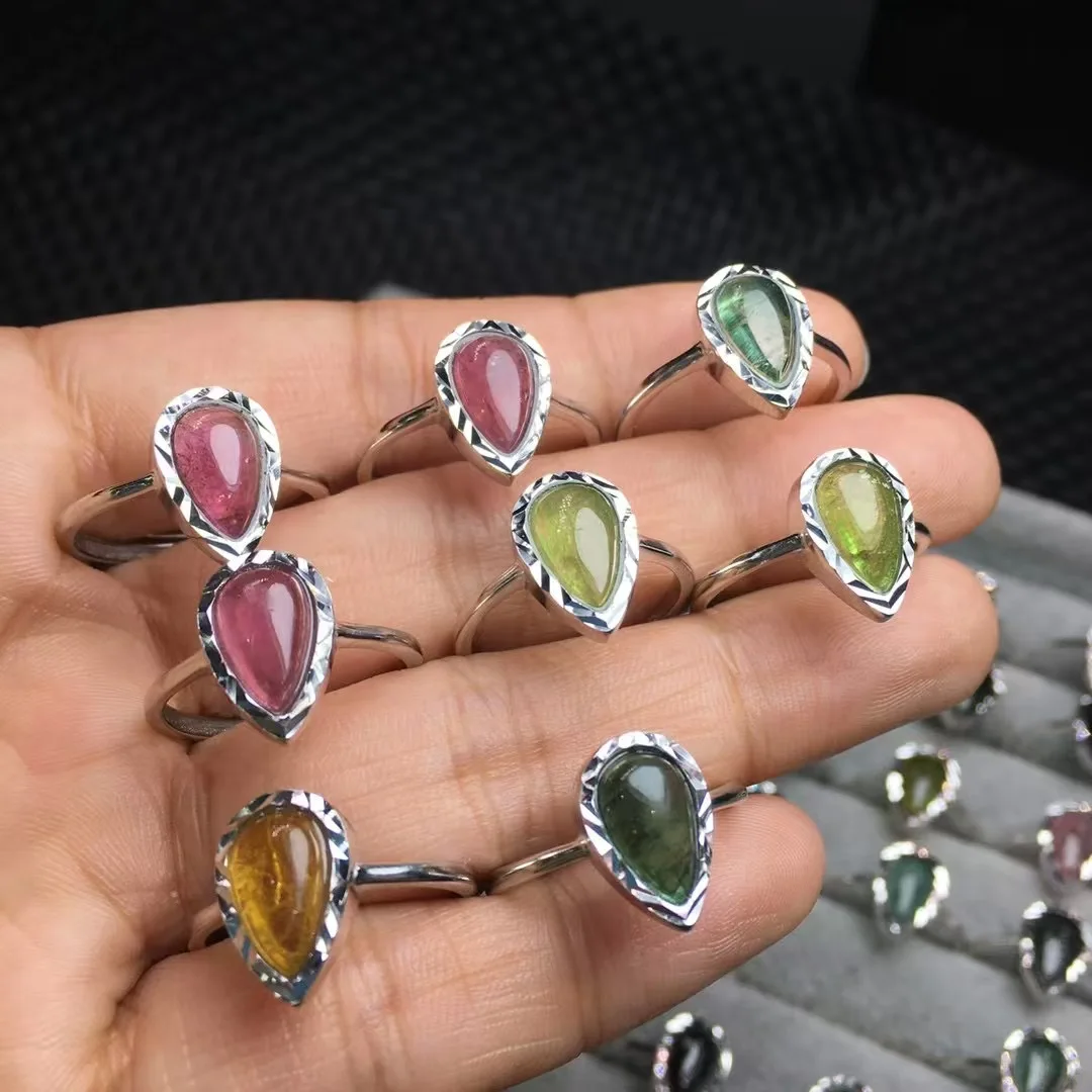 1Pc Fengbaowu Natural Green Pink Yellow Tourmaline Ring Water Drop 925 Sterling Silver Reiki Healing Stone Jewelry Gift Women