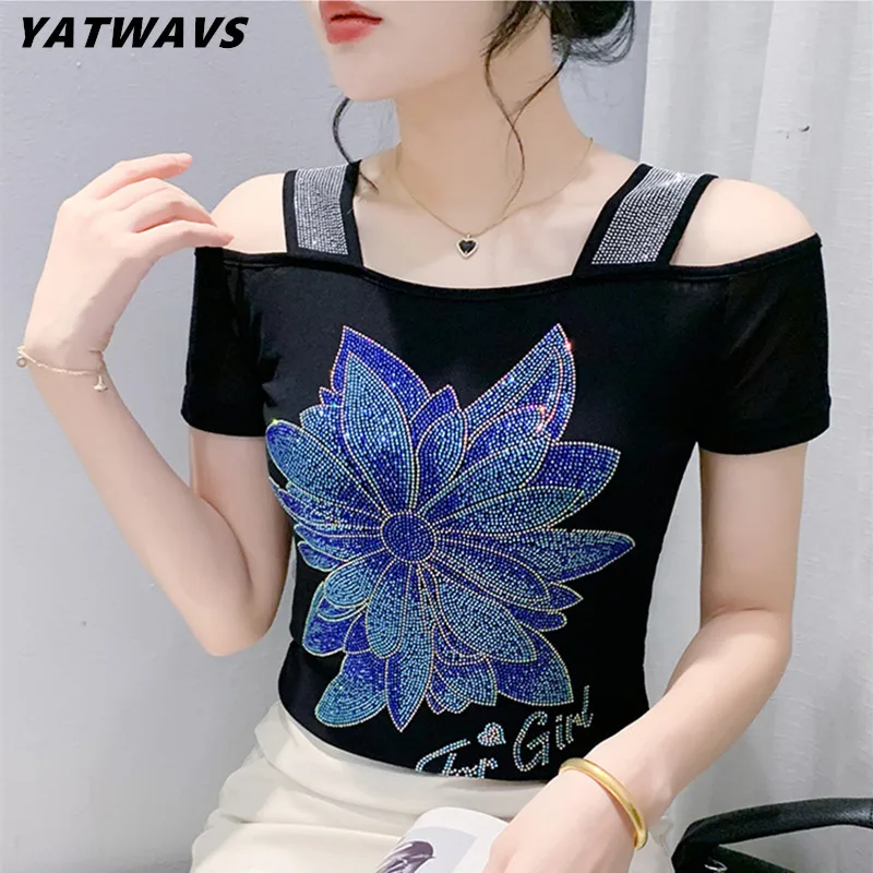 

New Classic Girl Summer Streetwear T-Shirt Chic Flower Luxury Hot Diamonds Tops Women's Sexy Off Shoulder Slim Mesh Tees Blusas