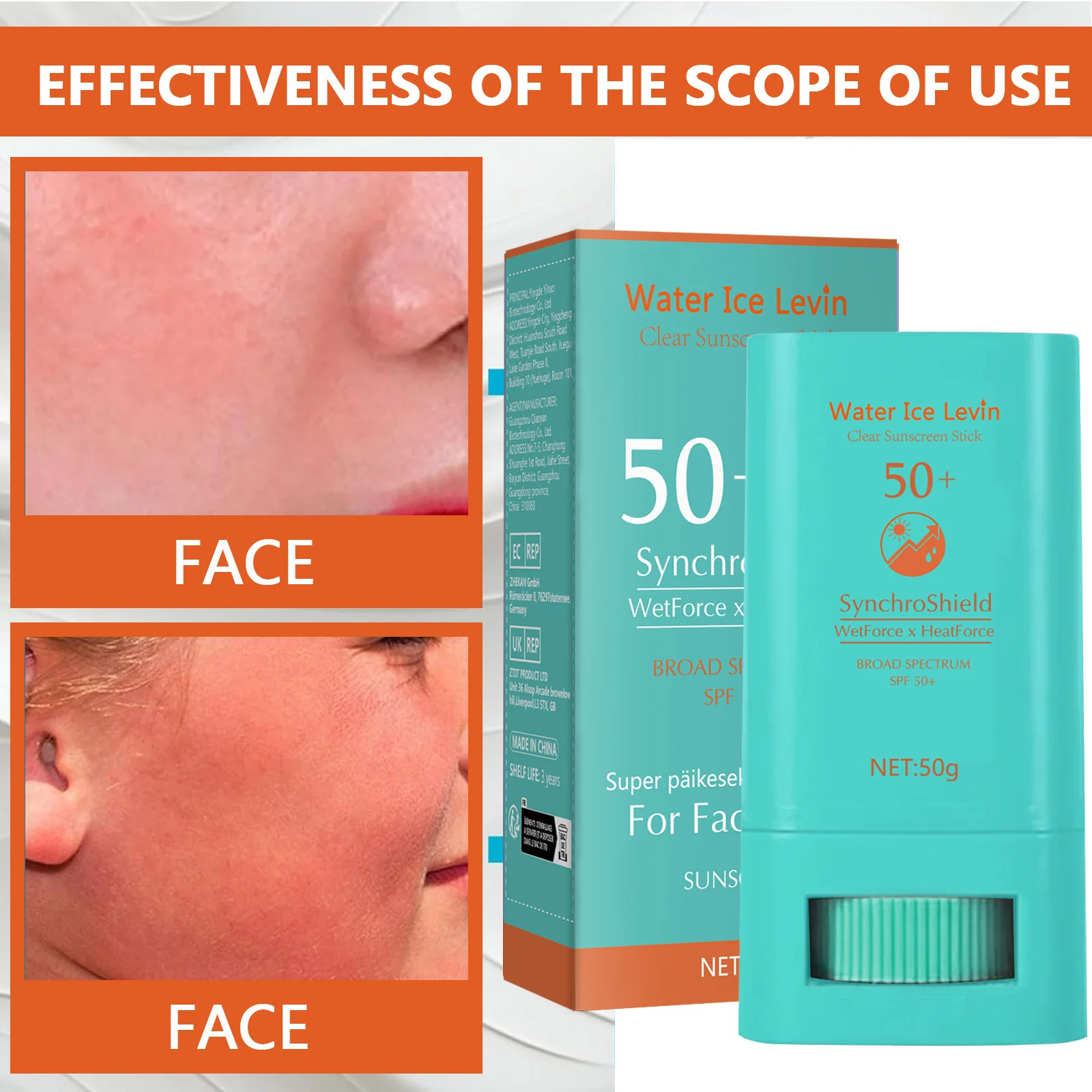 Water Ice Levin Clear Sunscreen Stick SPF50+. SynchroShield WetForce HeatForce. Broad Spectrum Protection. 50g Face Sunscreen.