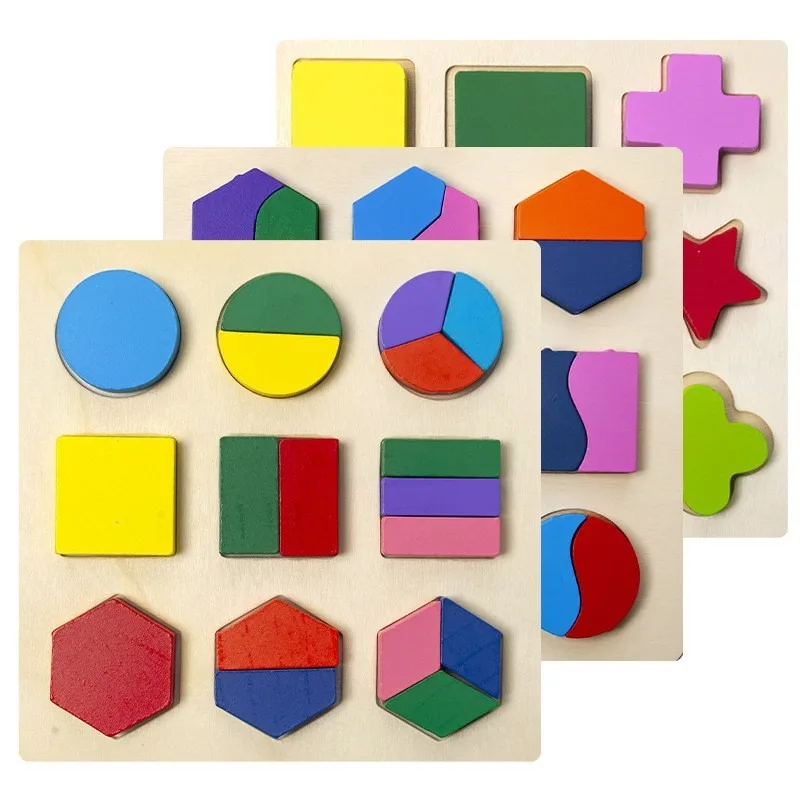 Wooden Geometric Shapes Puzzle Sorting Math Bricks Preschool Learning Educational Montessori Game Children Hand Gripping Board