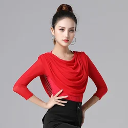 Latin Top Waltz Adult Modern Wear Solid Color Samba Clothing Elegant Slim Fit Ruffle Tassels Tops Dance Sports Costume Women