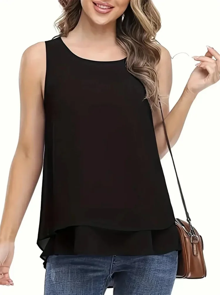 Women Summer Simple Style Chiffon Blouses Shirts Lady Casual Sleeveless O-Neck Solid Color Double Layer Tank Top