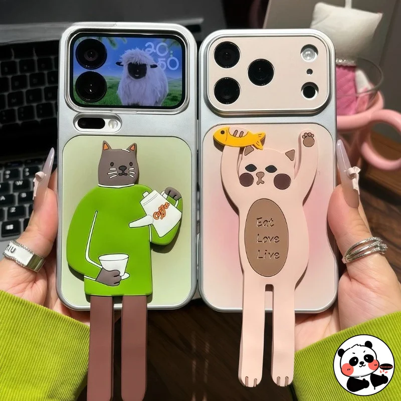 Cute Cat Holder Phone Case For OnePlus 15 13 13R 12 12R 11 11R ACE 6 5 Racing Ultra 3 3V 2V PU Leather Couple Soft Cover