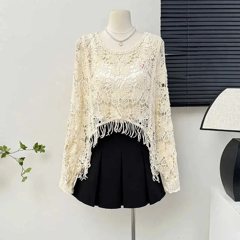 Butterfly Crochet Top Women Beach Cover Up Fringed Batwing Sleeve Open Knit Crop Poncho Pullover Sweater Vacation Boho  Outfit