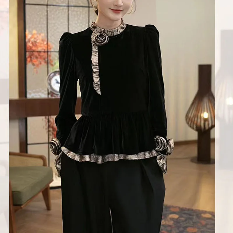 Top de manga bolha de veludo preto com decote em pé feminino, cor contraste, elegante, camisa versátil, moda outono, inverno, novo, 2023