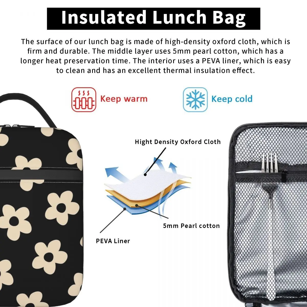 Cartoon Black And White Daisy Pattern Insulated Lunch Bag for Women Children Leakproof Food Boxes Thermal Lunch Box Tote