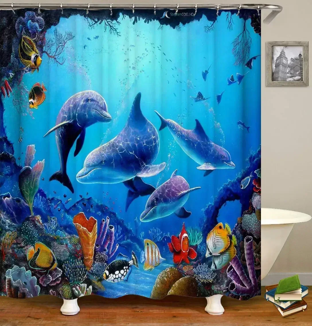 Dolphin Shower Curtain, Blue Underwater World Marine Life , Polyester Fabric Kids Ocean Theme Bathroom Decor Set with 12 Hooks