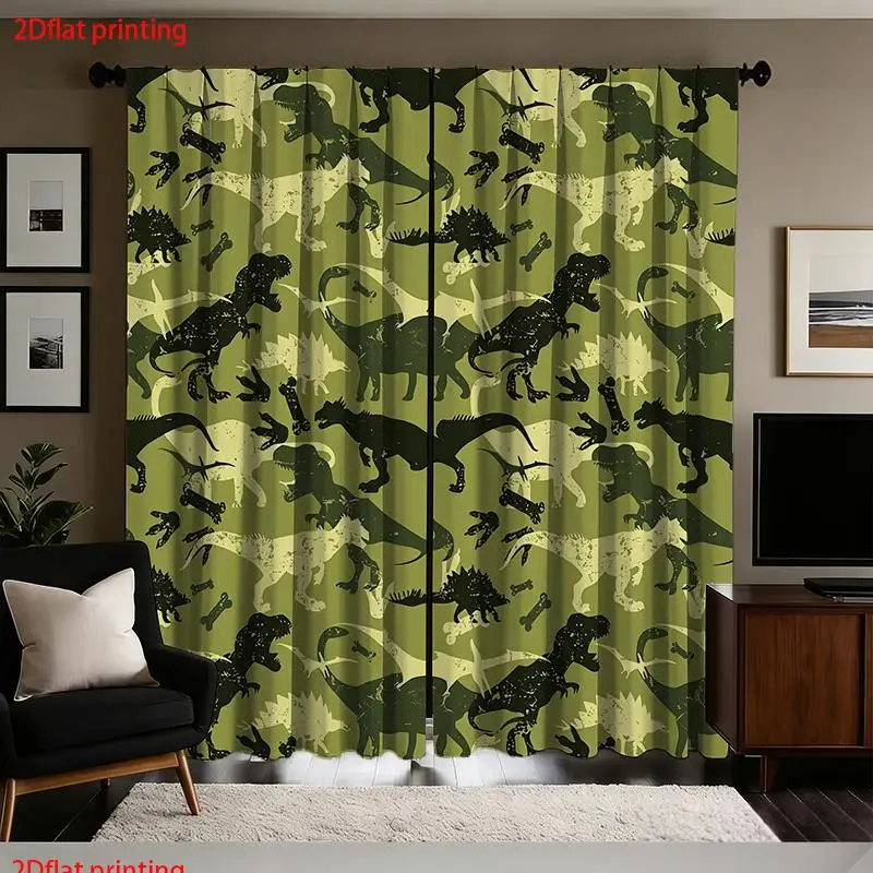 Cute Dinosaur Curtains 2pcs Jungle Print Camouflage Kids Room Decor Window Drapes T-Rex Safari Nursery Backdrop Curtain Pair