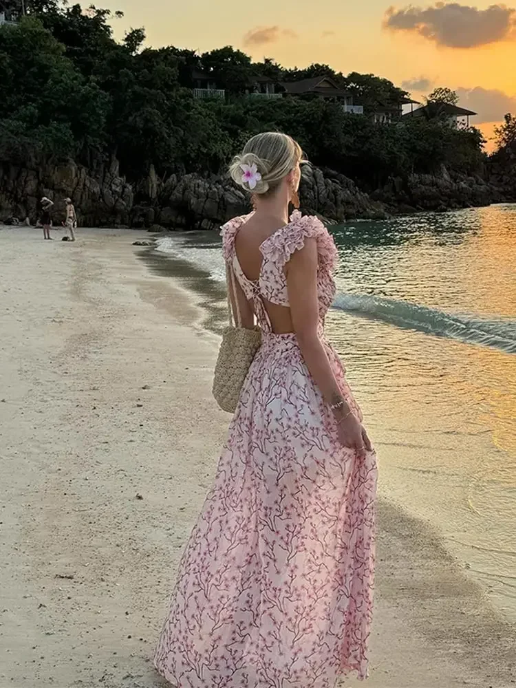 Sommer Frauen Blumen gedruckt rücken frei aushöhlen langes Kleid elegante V-Ausschnitt Falten kleider 2024 Dame Strand urlaub Vestidos