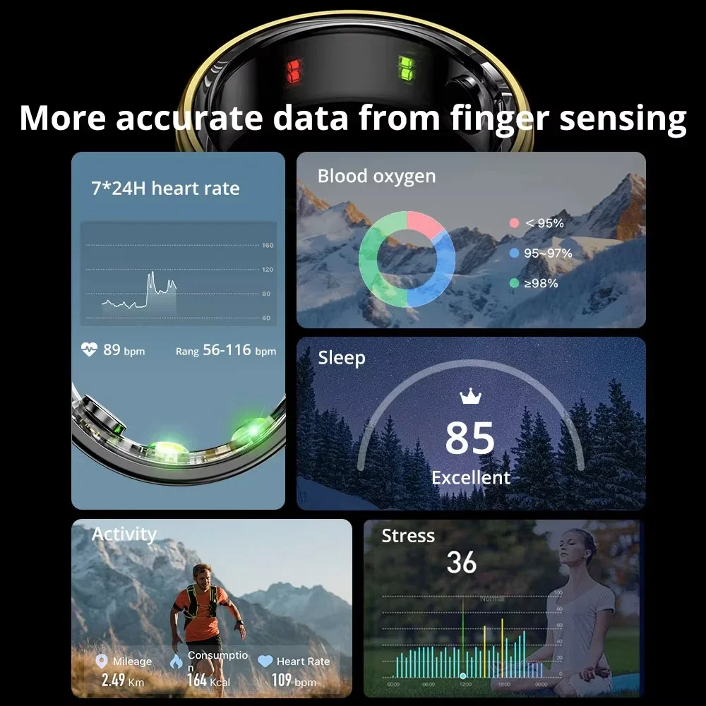 Anello intelligente Frequenza cardiaca Pressione sanguigna Ossigeno nel sangue Monitor del sonno Anello intelligente impermeabile Modalità multi-sport per Android IOS