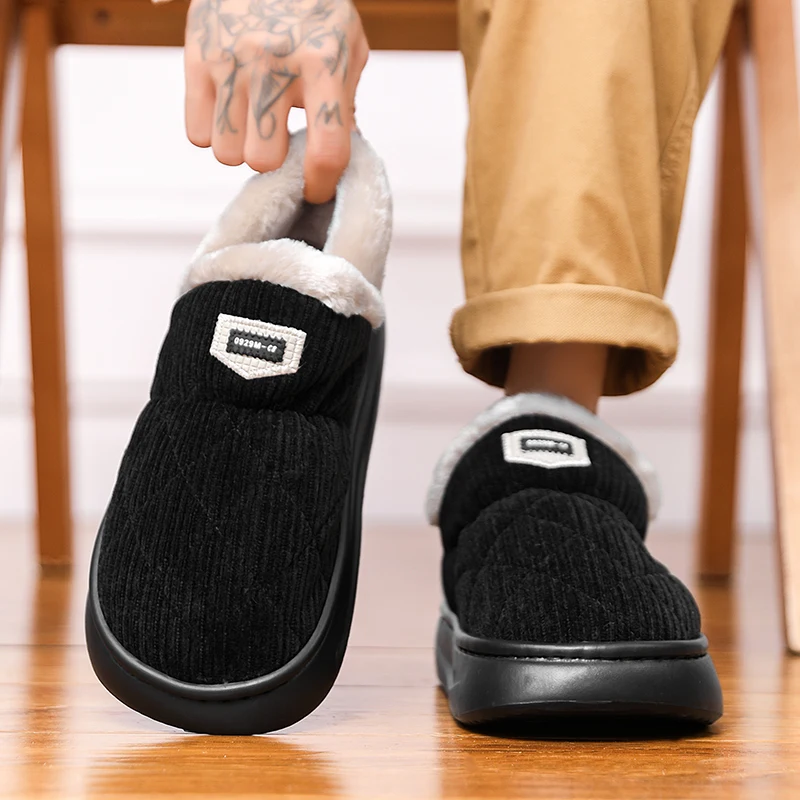 

Winter Men's Solid Color with Velvet Surface Warm Flat Bottom Comfortable Soft Quiet Casual Large-sized Home Cotton Slippers